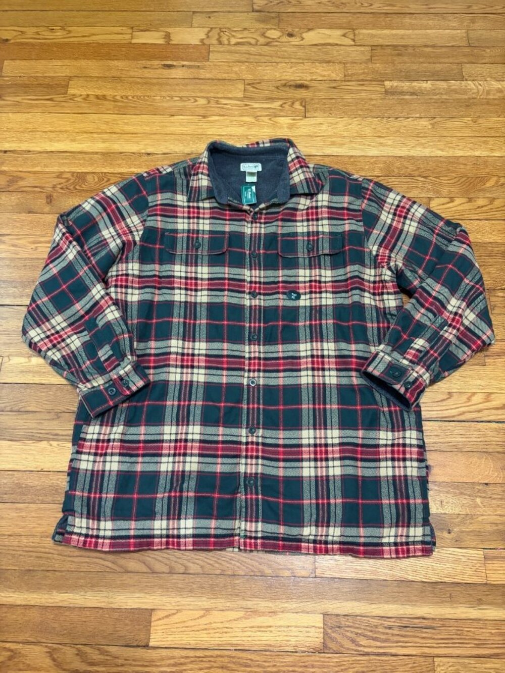 LL Bean Mens Fleece Lined Flannel Button Down Shirt Jacket Sz XL Tall Green NWT